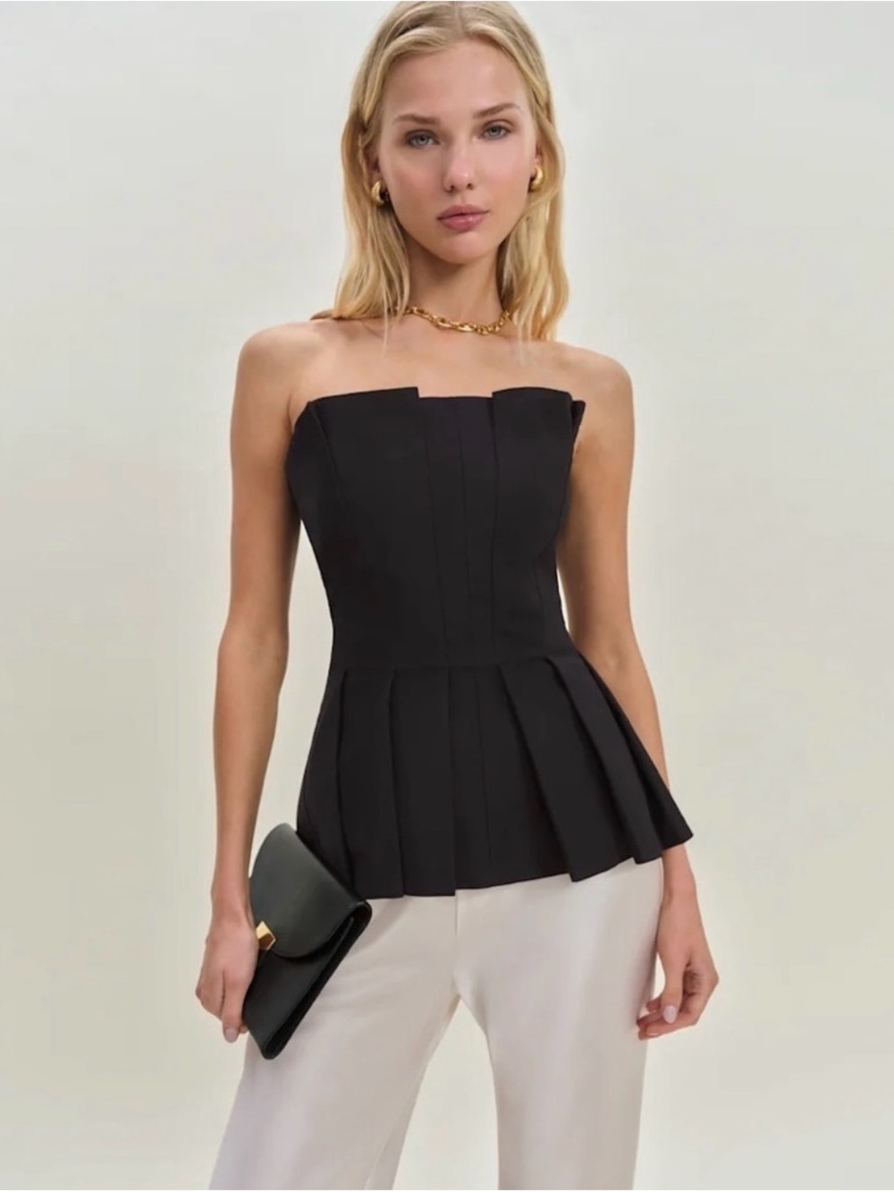 Reformation Ashlyn Strapless Black Pleated Peplum Top